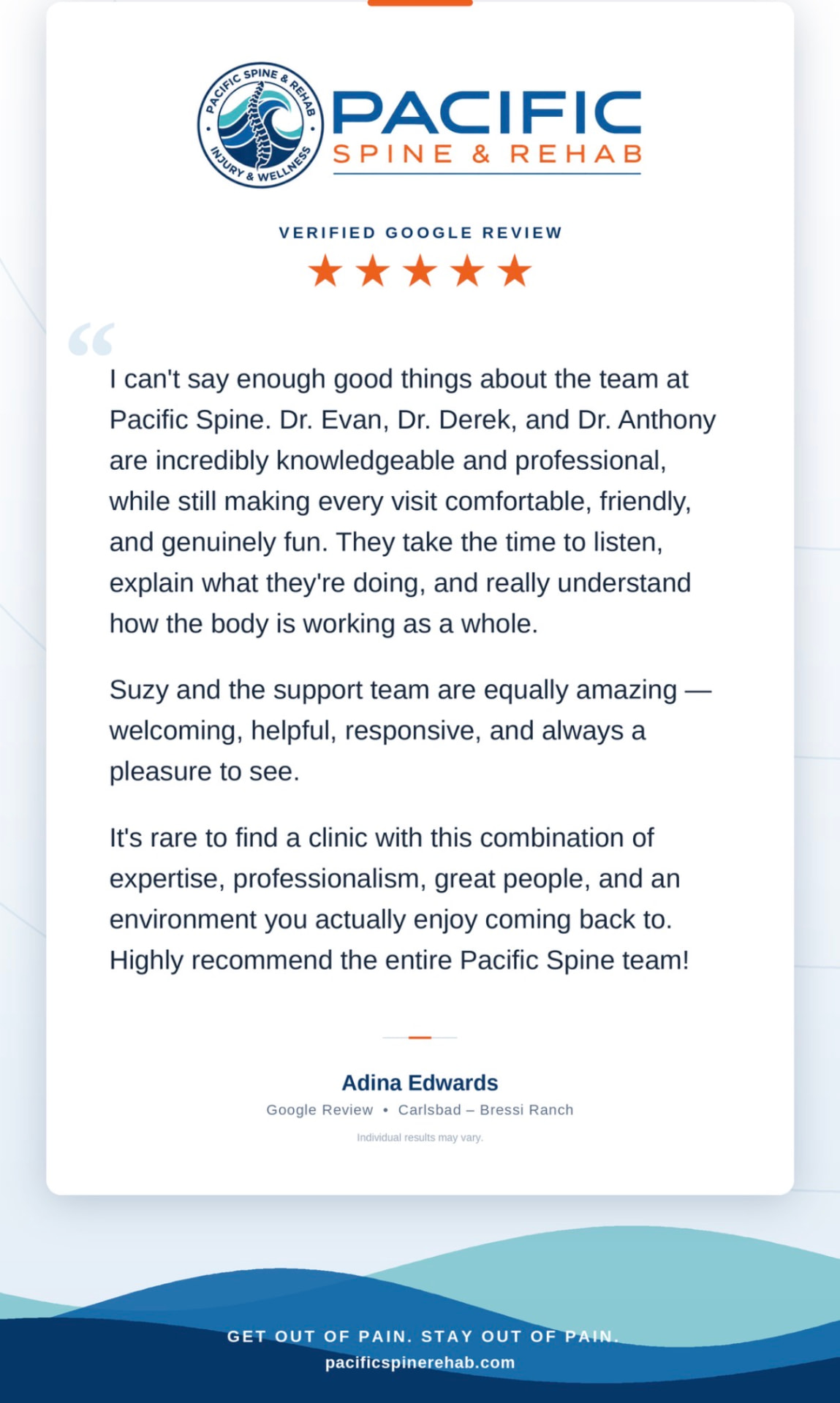 Verified five-star Google review from Adina Edwards about the Pacific Spine & Rehab Carlsbad team